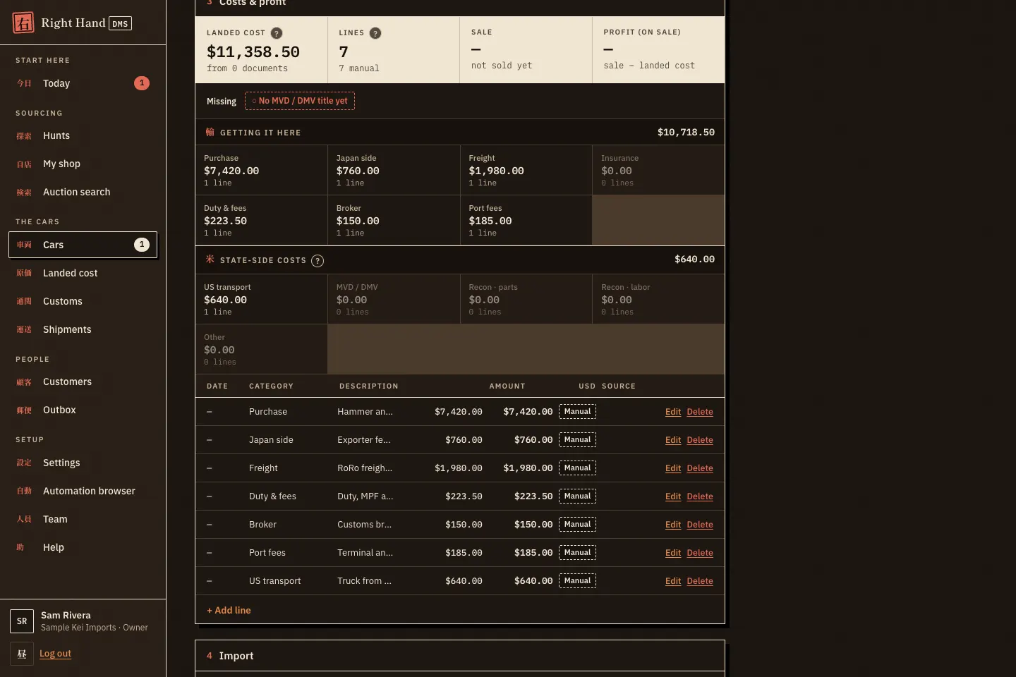A Toyota Hiace van’s Costs and profit section: purchase, Japan side, freight, duty, broker, port and US transport lines in dollars, added up to its landed cost.